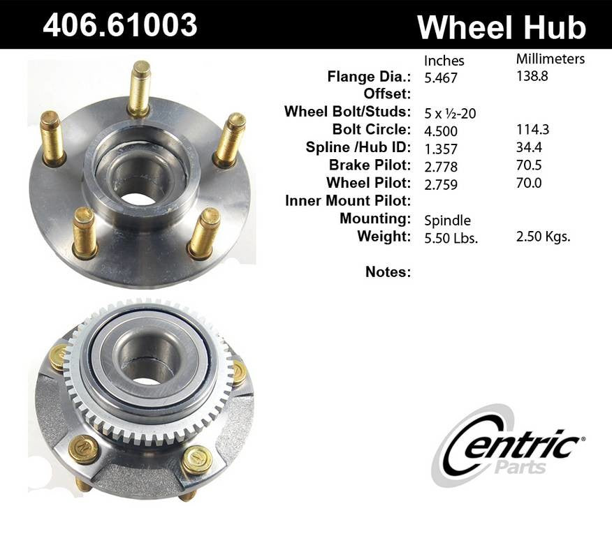 Centric Parts Wheel Bearing and Hub Assembly Premium Non-Driven Hub with ABS Tone Ring for 1994-2004 Ford Mustang 406.61003