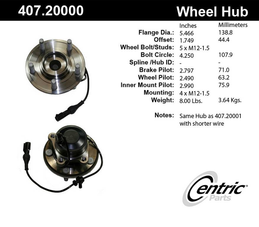 Centric Parts Wheel Bearing and Hub Assembly 407.20000E