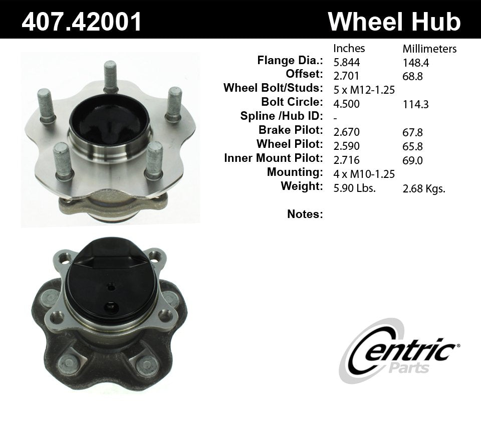 Centric Parts Wheel Bearing and Hub Assembly with Integral ABS for 2000-2017 Vehicles 407.42001