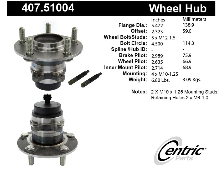 Centric Parts Wheel Bearing and Hub Assembly Premium Non-Driven Hubs with Integral ABS 407.51004