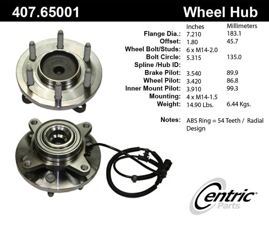 Centric Parts Premium Hub and Bearing Assembly With Integral ABS 407.65001