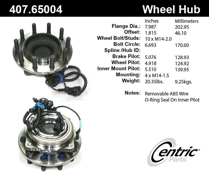 Centric Parts Wheel Bearing and Hub Assembly Premium Non-Driven Hubs with Integral ABS for 2005-2010 Ford F-450 Super Duty, F-550 Super Duty 407.65004