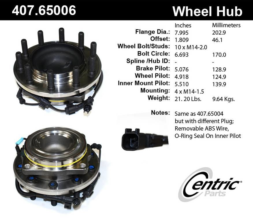 Centric Parts Wheel Bearing and Hub Assembly Premium with Integral ABS for 2010-2016 Ford F-450 Super Duty, F-550 Super Duty 407.65006