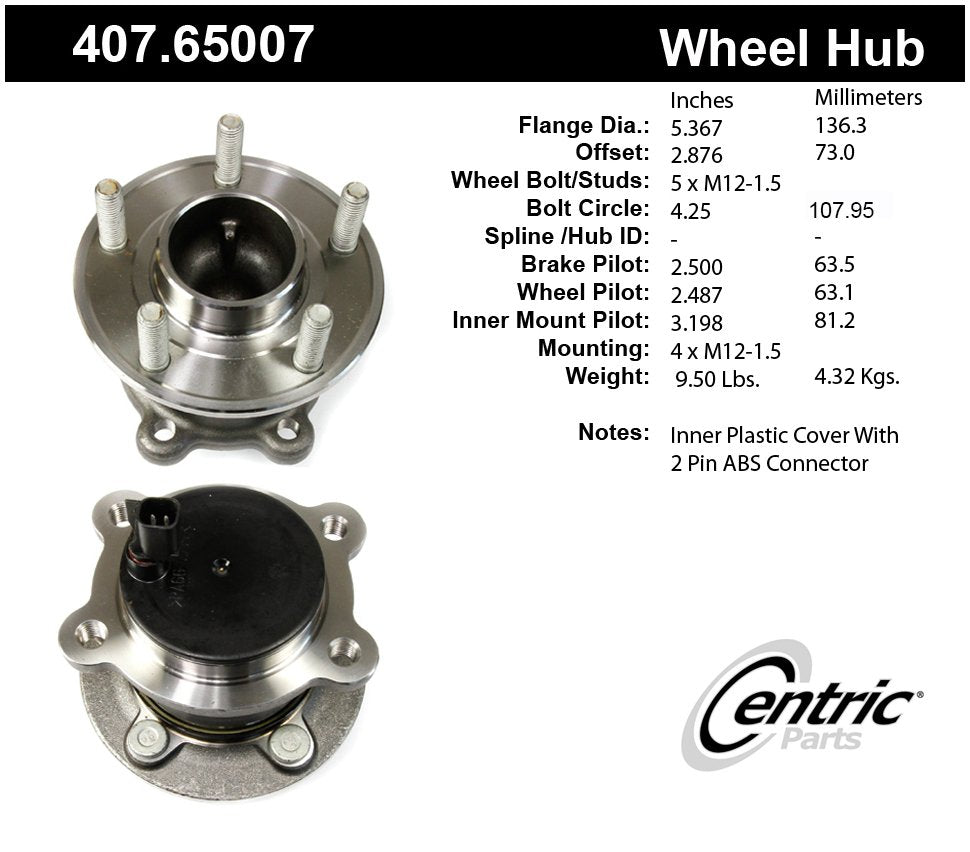 Centric Parts Wheel Bearing and Hub Assembly Standard Non-Driven Hubs with Integral ABS for 2013-2018 Ford C-Max Escape 2019-2015 Lincoln MKC 407.65007E