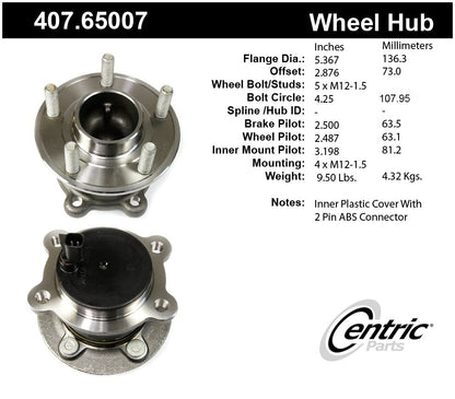 Centric Parts Wheel Bearing and Hub Assembly Standard Non-Driven Hubs with Integral ABS for 2013-2018 Ford C-Max Escape 2019-2015 Lincoln MKC 407.65007E