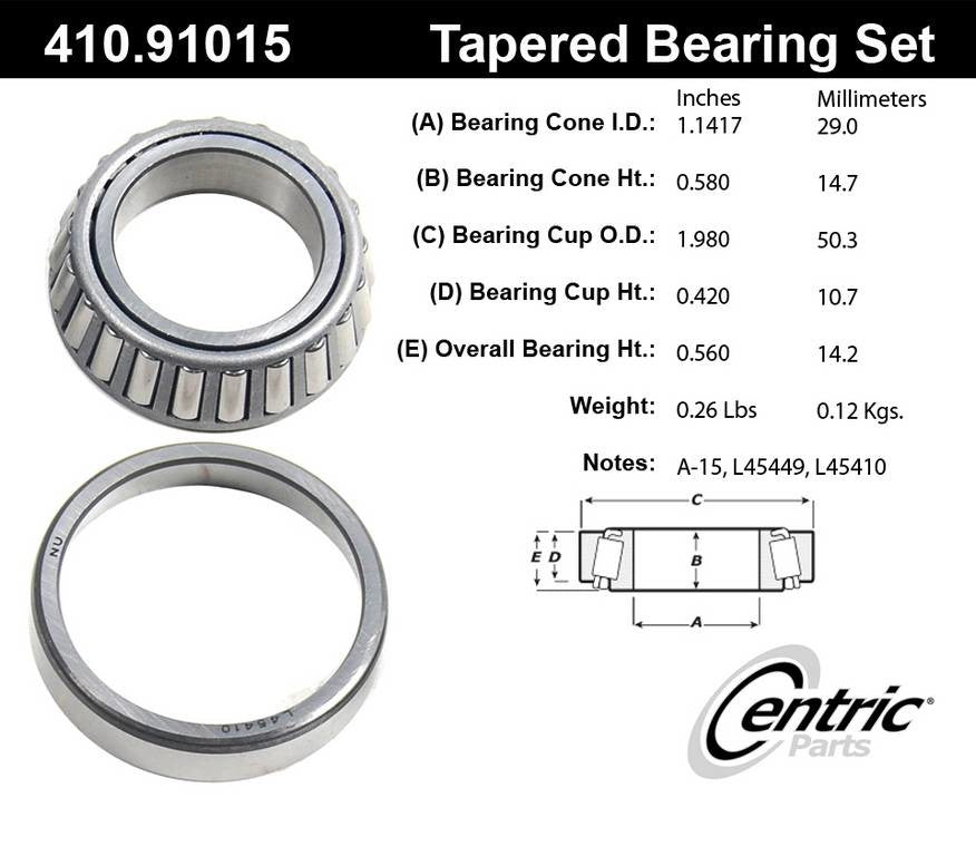 Stoptech Centric 1999-2007 Volkswagen Pointer Premium Front Inner Wheel Bearing and Race Set 410.91015