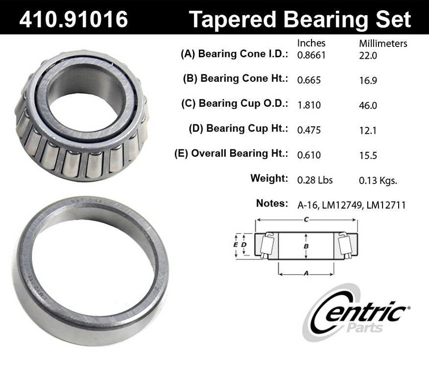 Centric Parts Wheel Bearing and Race Set Premium Tapered Roller 410.91016