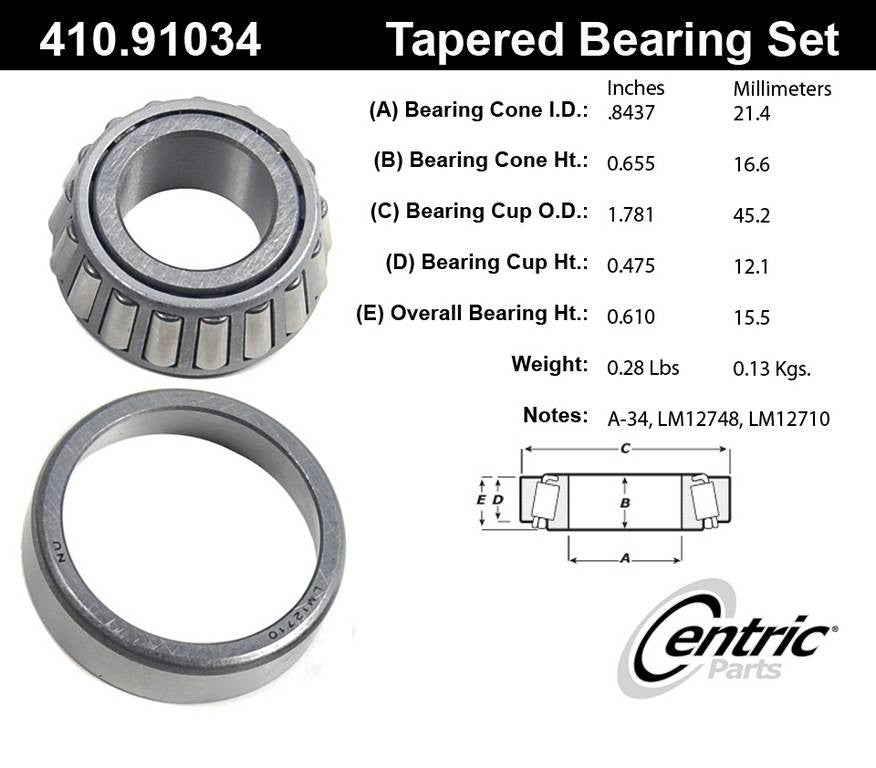 Centric Parts Wheel Bearing and Race Set Premium Tapered Roller 410.91034