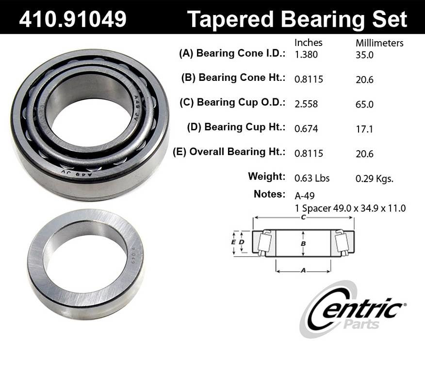 Centric Parts Premium Tapered Roller Wheel Bearing and Race Set for 1999-2004 Jeep Grand Cherokee Liberty 410.91049