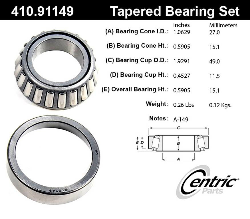 Centric Parts Premium Tapered Roller Wheel Bearing and Race Set for 1992-1999 Toyota Paseo/Tercel 410.91149