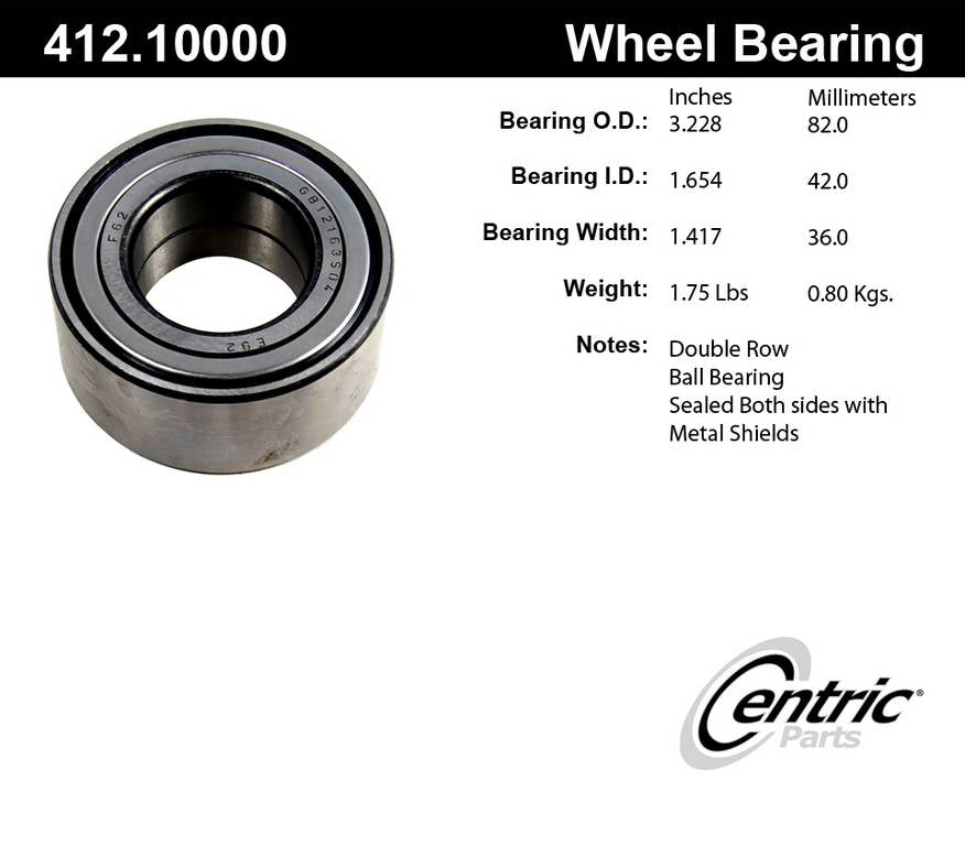 Centric Parts Wheel Bearing Standard Double Row with Deep Groove Construction for 1989-1991 Peugeot 405 412.10000E