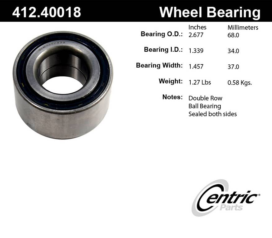 Centric Parts Wheel Bearing Standard Double Row with Deep Groove construction for 1988-1991 Honda Prelude 412.40018E