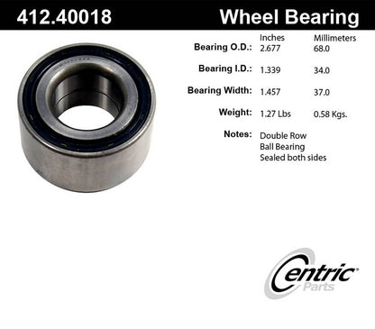 Centric Parts Wheel Bearing Standard Double Row with Deep Groove construction for 1988-1991 Honda Prelude 412.40018E