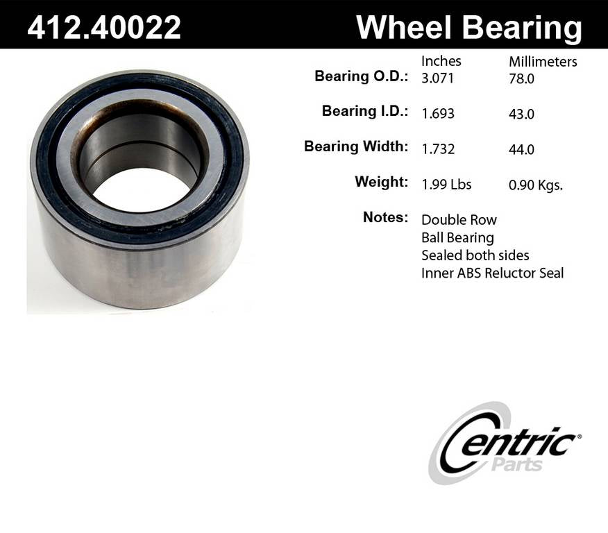 Centric Parts Wheel Bearing C-Tek Standard Double Row for Acura CSX 2006-2007, ILX 2013-2015, Honda Civic 2006-2019, Insight 2019 412.40022E