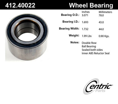 Centric Parts Wheel Bearing C-Tek Standard Double Row for Acura CSX 2006-2007, ILX 2013-2015, Honda Civic 2006-2019, Insight 2019 412.40022E