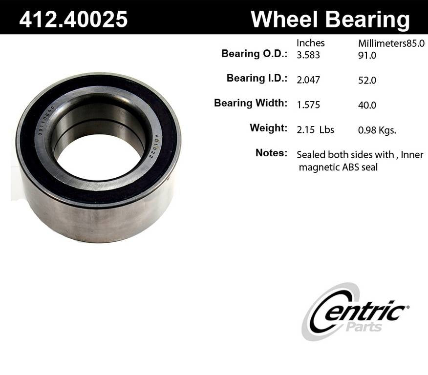 Centric Parts Wheel Bearing Double Row for 2009-2014 Acura TL, 2009-2013 TSX, 2008-2012 Honda Accord, 2010-2011 Accord Crosstour, 2012-2013 Crosstour 412.40025