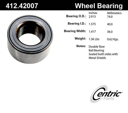 Centric Parts Wheel Bearing Standard Double Row with Deep Groove for 2001-2005 Nissan Almera Sentra 412.42007E