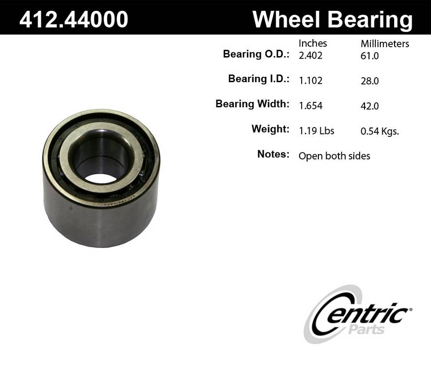 Centric Parts Wheel Bearing Standard Double Row with Deep Groove construction for 1988-1985 Chevrolet Nova, 1992-1989 Geo Prizm, 1992-1984 Toyota Corolla, 1989-1985 MR2, 1987-1984 Tercel 412.44000E