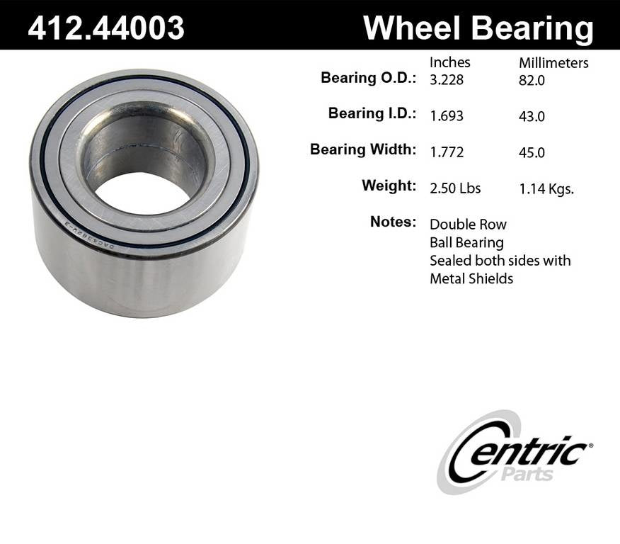 Centric Parts Premium Double Row Wheel Bearing for 2003-2005 Lexus ES300 RX300 Toyota Avalon Camry MR2 RAV4 Sienna Solara 412.44003
