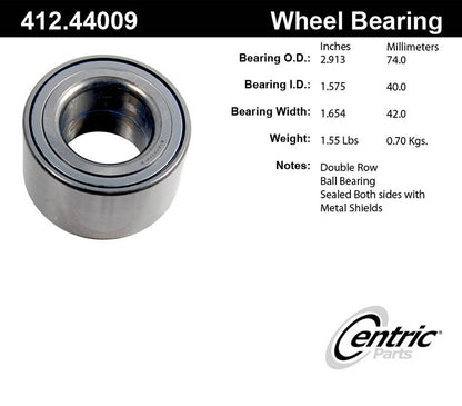 Centric Parts Wheel Bearing Standard Double Row with Deep Groove for 2019-2000 Pontiac Vibe Scion tC Toyota Celica Corolla Matrix MR2 Spyder Prius 412.44009E
