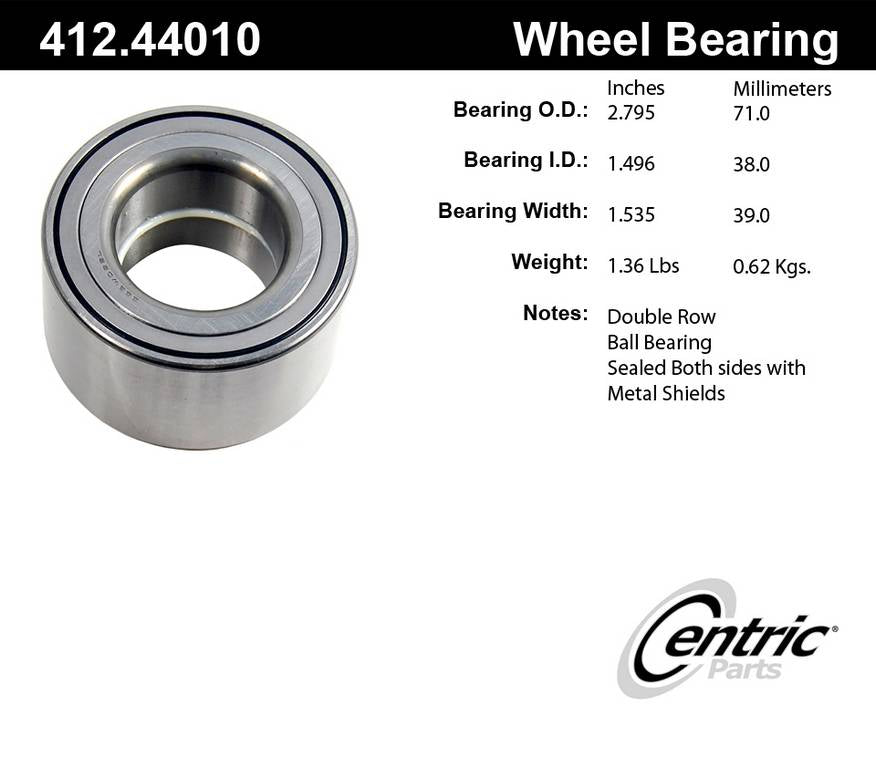 Centric Parts Wheel Bearing Standard Double Row with Deep Groove for 2004-2006 Scion xA/xB, 2000-2005 Toyota Echo, 2006-2015 Hiace 412.44010E