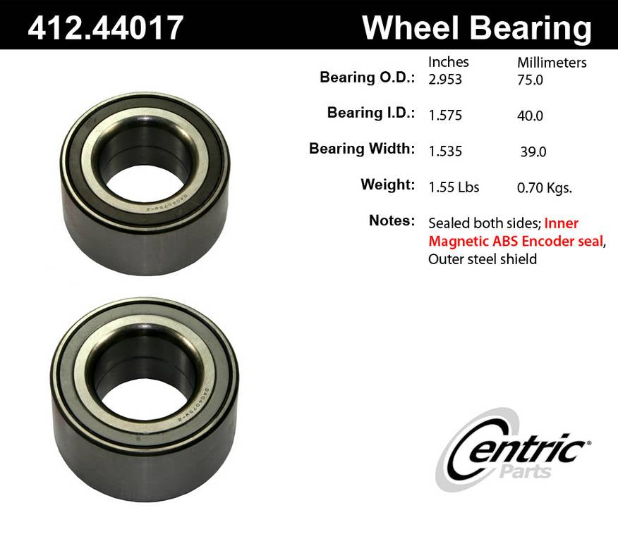 Centric Parts Wheel Bearing Standard Double Row with C-Tek Ball Bearings for 2012-2014 Scion iQ, 2008-2014 Toyota xD, 2012-2019 Prius C, 2006-2018 Yaris 412.44017E