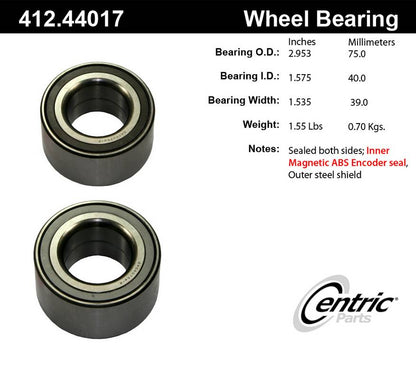 Centric Parts Wheel Bearing Standard Double Row with C-Tek Ball Bearings for 2012-2014 Scion iQ, 2008-2014 Toyota xD, 2012-2019 Prius C, 2006-2018 Yaris 412.44017E