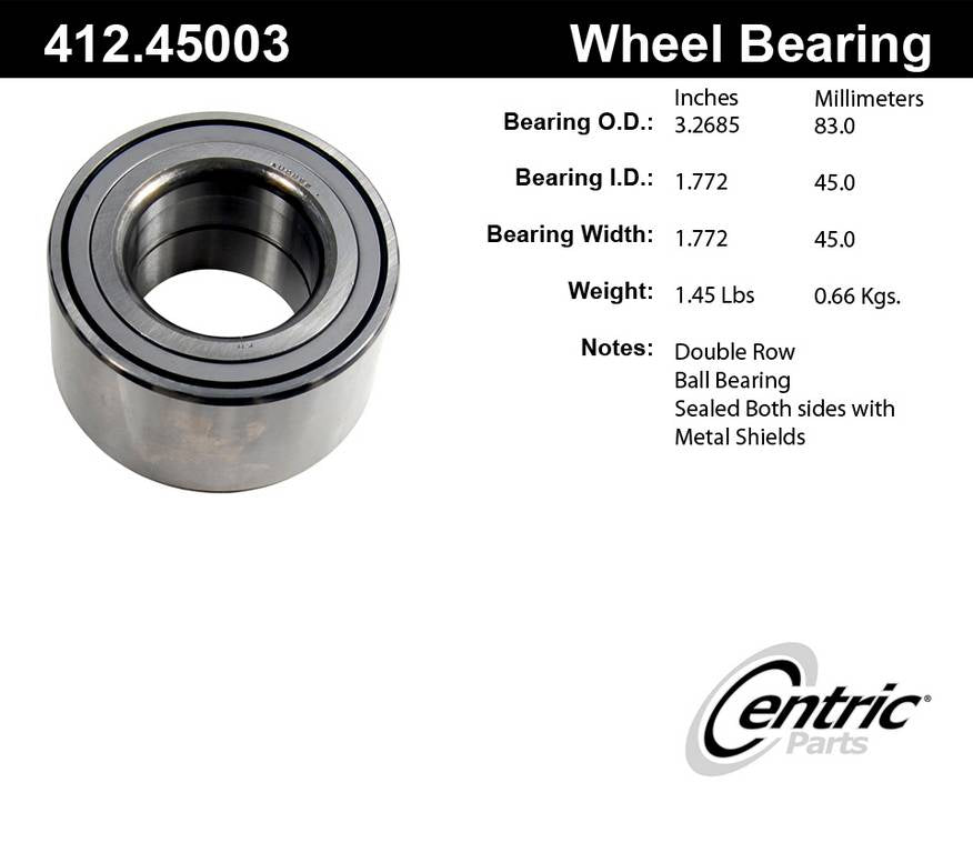 Centric Parts Wheel Bearing Standard Double Row for Mazda 929 1995-1992 Millenia 1999-1995 Millenia 2002-2001 RX-7 1995-1993 412.45003E