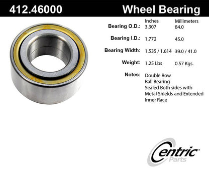 Centric Parts Wheel Bearing Standard Double Row with Deep Groove for 1991-2019 Vehicles 412.46000E
