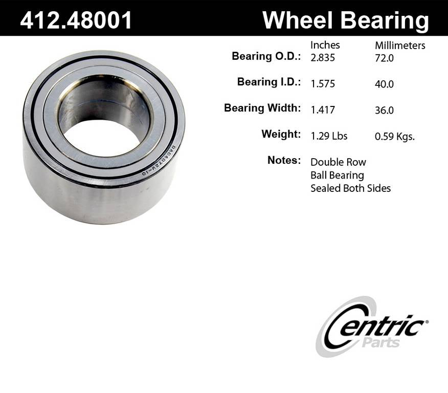 Centric Parts Wheel Bearing Standard Double Row with Deep Groove Construction for 2002-2007 Suzuki Aerio 412.48001E