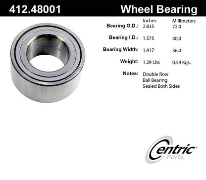 Centric Parts Wheel Bearing Standard Double Row with Deep Groove Construction for 2002-2007 Suzuki Aerio 412.48001E