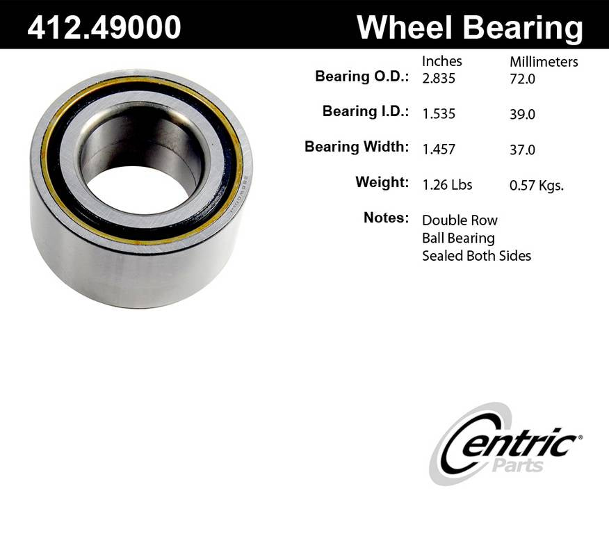 Centric Parts Wheel Bearing Standard Double Row C-Tek for BMW 318i/318ti, 325e/es, M3, Z3; Daewoo Lanos/Nubira; Ford Fiesta; Lotus Elan; Pontiac LeMans 412.49000E