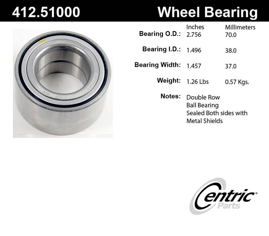 Centric Parts Wheel Bearing Standard Double Row with Deep Groove for 2000-2019 Dodge Atos Hyundai Accent Kia Rio Elantra Tiburon Attitude i10 412.51000E