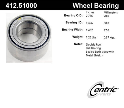 Centric Parts Wheel Bearing Standard Double Row with Deep Groove for 2000-2019 Dodge Atos Hyundai Accent Kia Rio Elantra Tiburon Attitude i10 412.51000E