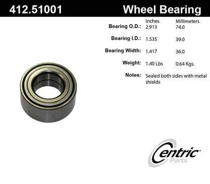 Centric Parts Wheel Bearing Standard Double Row with Deep Groove for 2001-2006 Hyundai Elantra, 2003-2008 Kia Tiburon, 2005-2009 Kia Spectra 412.51001E