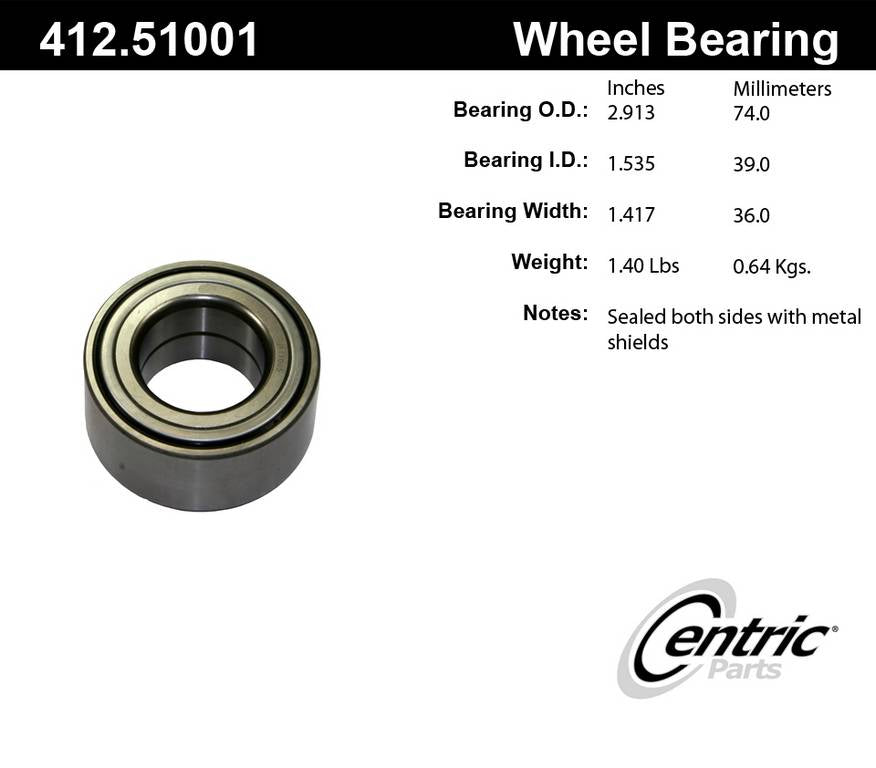 Centric Parts Wheel Bearing for 2001-2006 Hyundai Elantra, 2003-2008 Kia Spectra, 2005-2009 Spectra5 412.51001