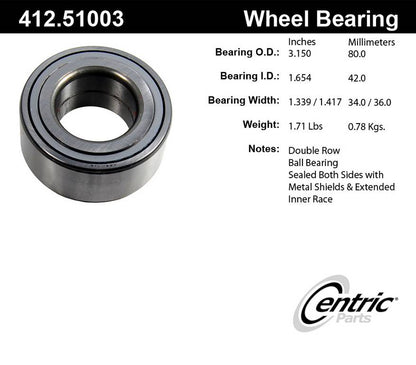 Centric Parts Wheel Bearing Standard Double Row with Deep Groove for 1999-2008 Hyundai Sonata/Tiburon, 2001-2005 Kia Magentis 412.51003E