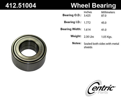Centric Parts Wheel Bearing Standard Double Row with Deep Groove for 2006-2011 Hyundai Azera, 2004-2009 Kia Amanti 412.51004E