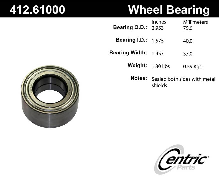 Centric Parts Wheel Bearing Standard Double Row with Deep Groove for 2000-2017 Ford Contour Escape Mazda Tribute Mercury Cougar Mariner Volvo S40 V40 412.61000E