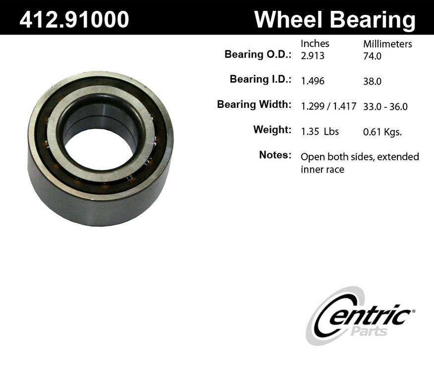 Centric Parts Wheel Bearing Standard Double Row C-Tek for 1985-1999 Chevrolet Nova, Lexus ES250, Nissan Sentra, Toyota Camry 412.91000E