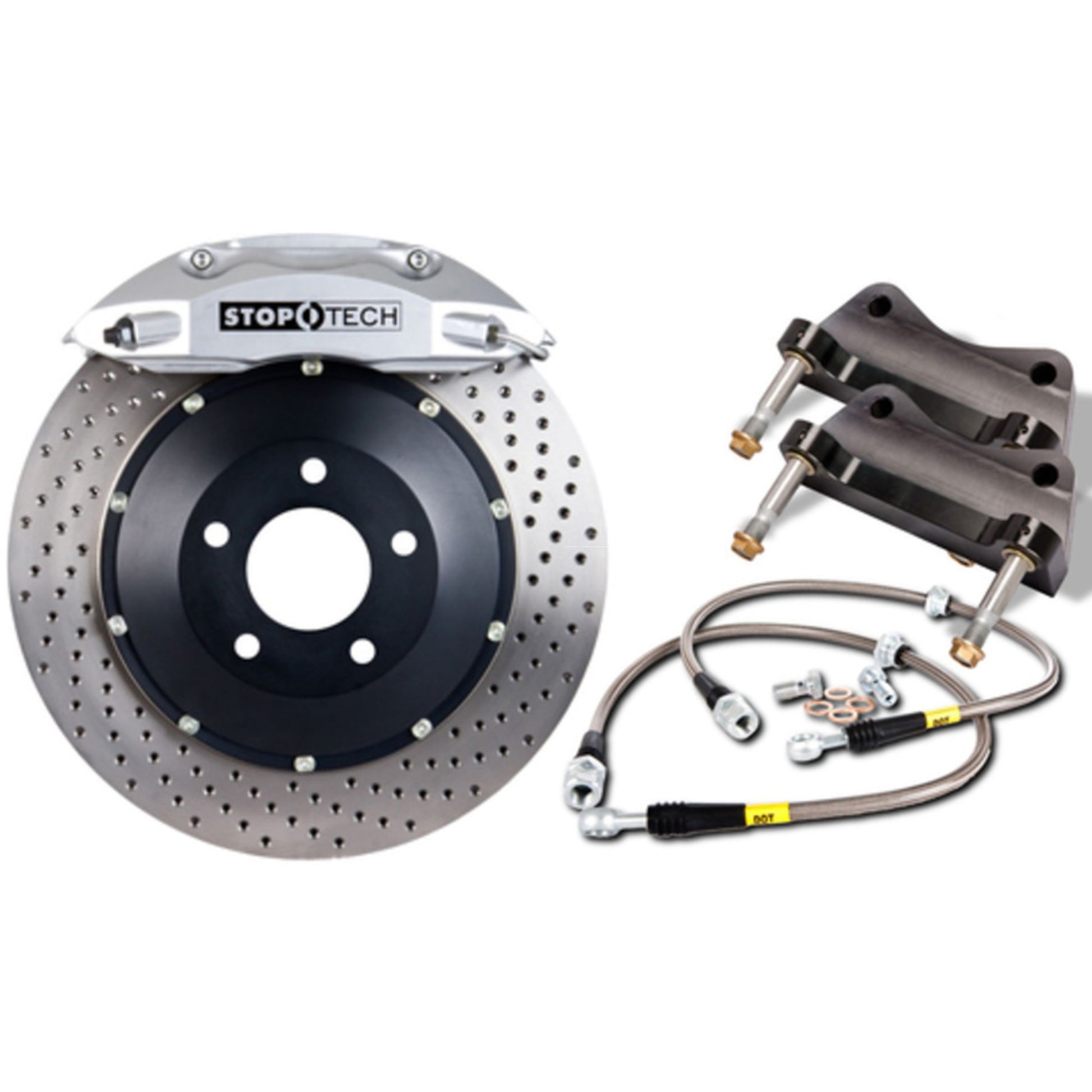 StopTech Big Brake Kit; Black Caliper, Drilled Two-Piece Rotor, Rear
