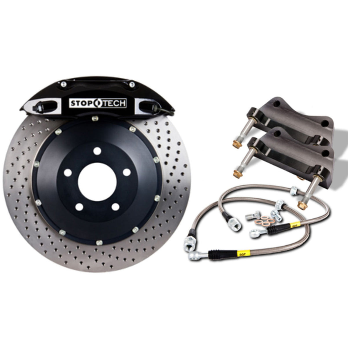 StopTech Big Brake Kit; Black Caliper, Drilled Two-Piece Rotor, Front