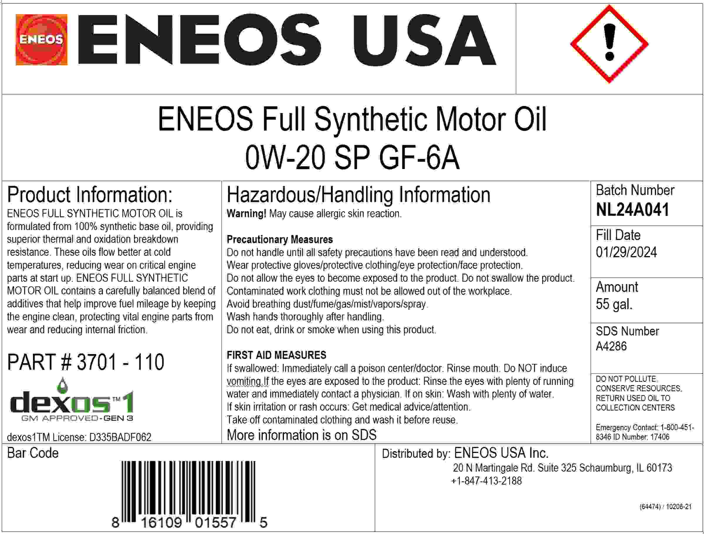 ENEOS ENEOS Motor Oil 3701-110