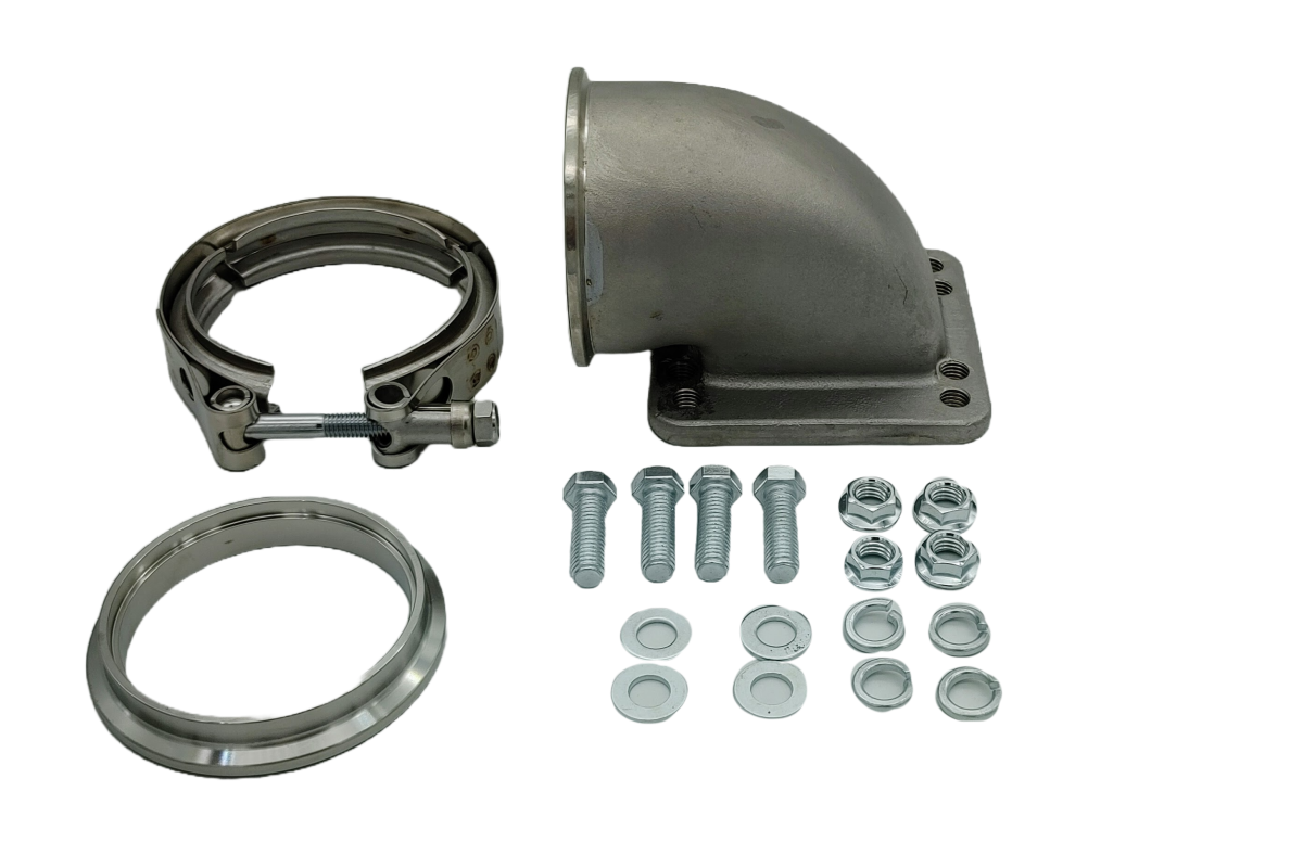 Granatelli Turbo Adapter, 90^ Cast Elbow. 3.0" V-Band to T3/T4 Housing, Threaded