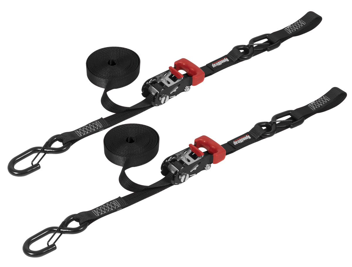 SpeedStrap 1In x 15Ft Ratchet Tie Down w/ Snap FtSFt Hooks w/ Soft Tie (2 Pack) - Black 11801-2