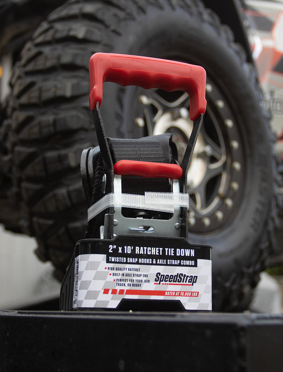 SpeedStrap 2In x 10Ft Ratchet Tie Down w/ Twisted Snap Hooks & Axle Strap Combo - Black 27011