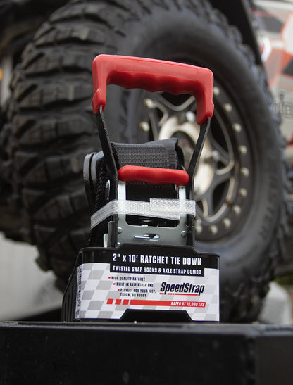 SpeedStrap 2In x 10Ft Ratchet Tie Down w/ Twisted Snap Hooks & Axle Strap Combo - Black 27011