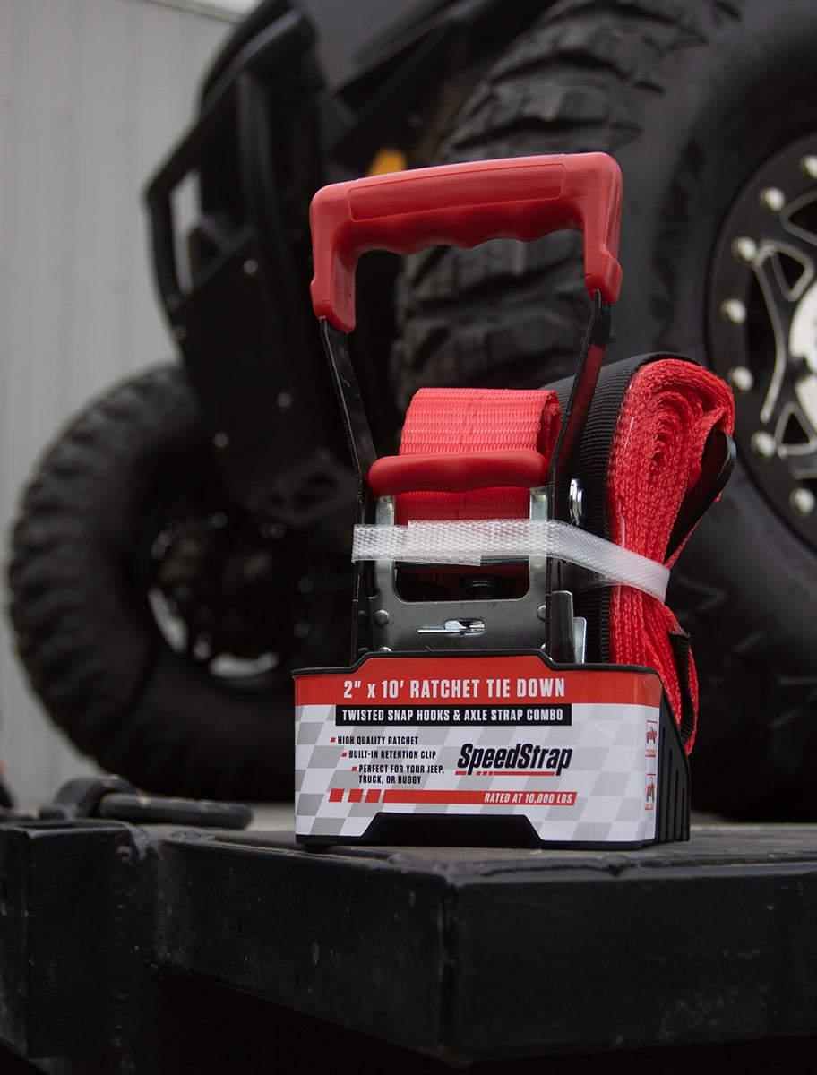 SpeedStrap 2In x 10Ft Ratchet Tie Down w/ Twisted Snap Hooks & Axle Strap Combo - Red 27013