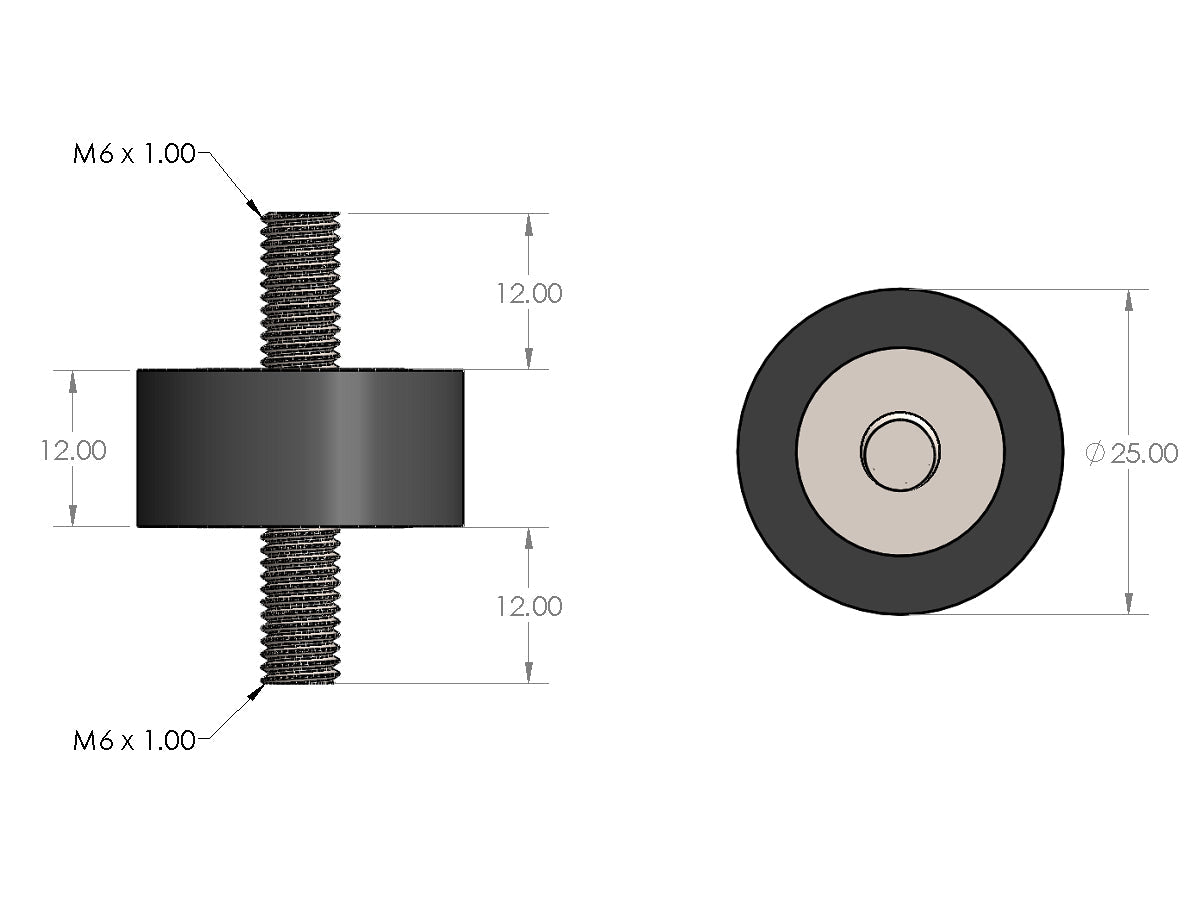 M6 Rubber Vibration Mount, 1/2" Tall, Male to Male, HW-RM6-050