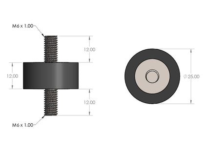 HPS Performance Products HPS M6 Rubber Vibration Mount, 1/2" Tall, Male to Male HW-RM6-050